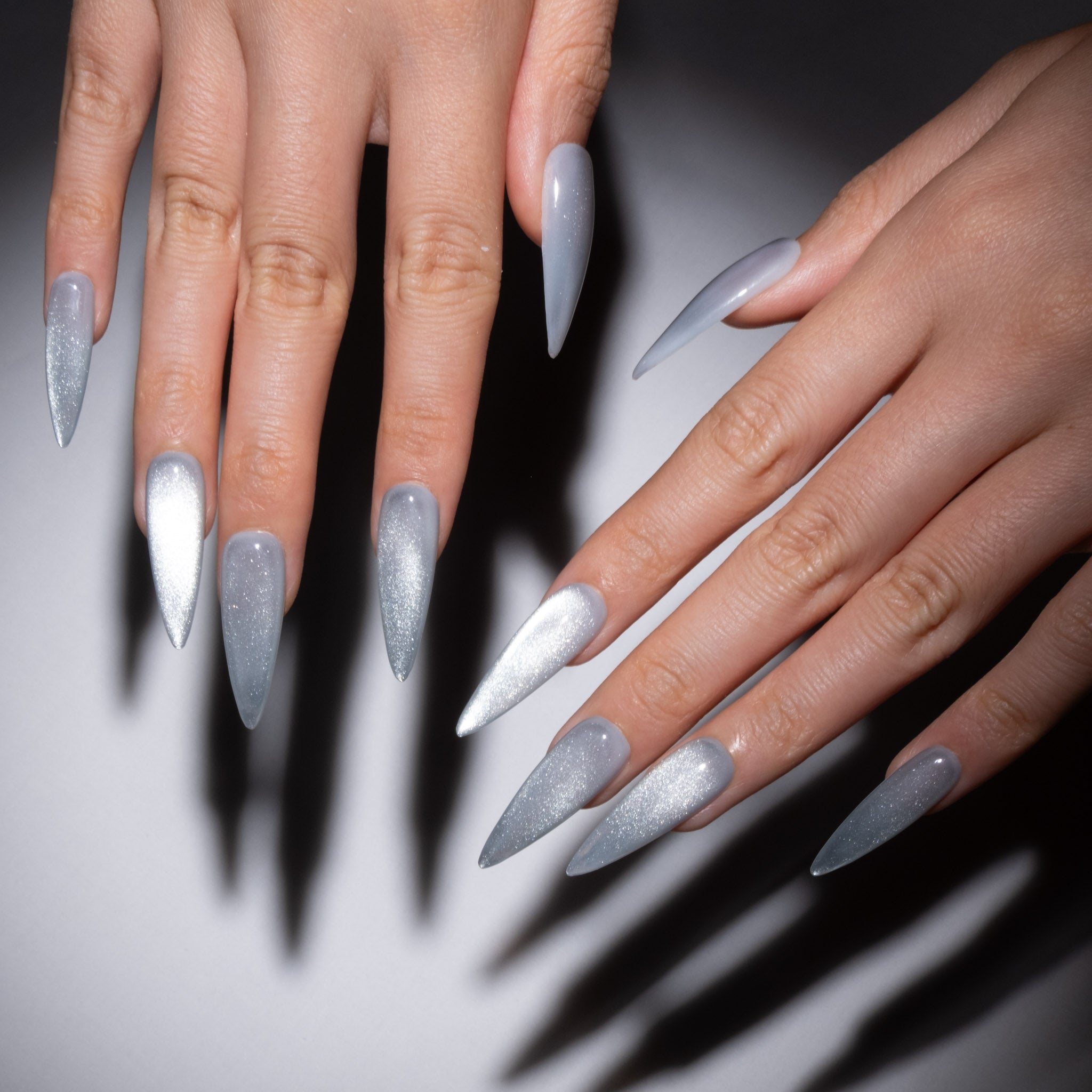 Cat Eye Silver Stiletto Nails