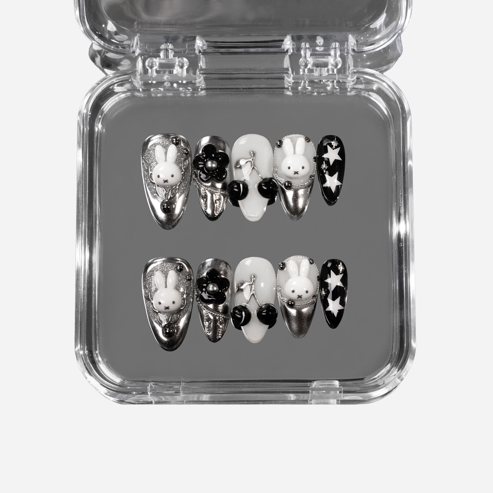 Miffy Carnival - Chrome Black White Medium Almond Press-On Nails