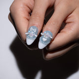 blue and white almond press on nails