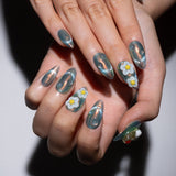 green iridescent medium almond press on nails