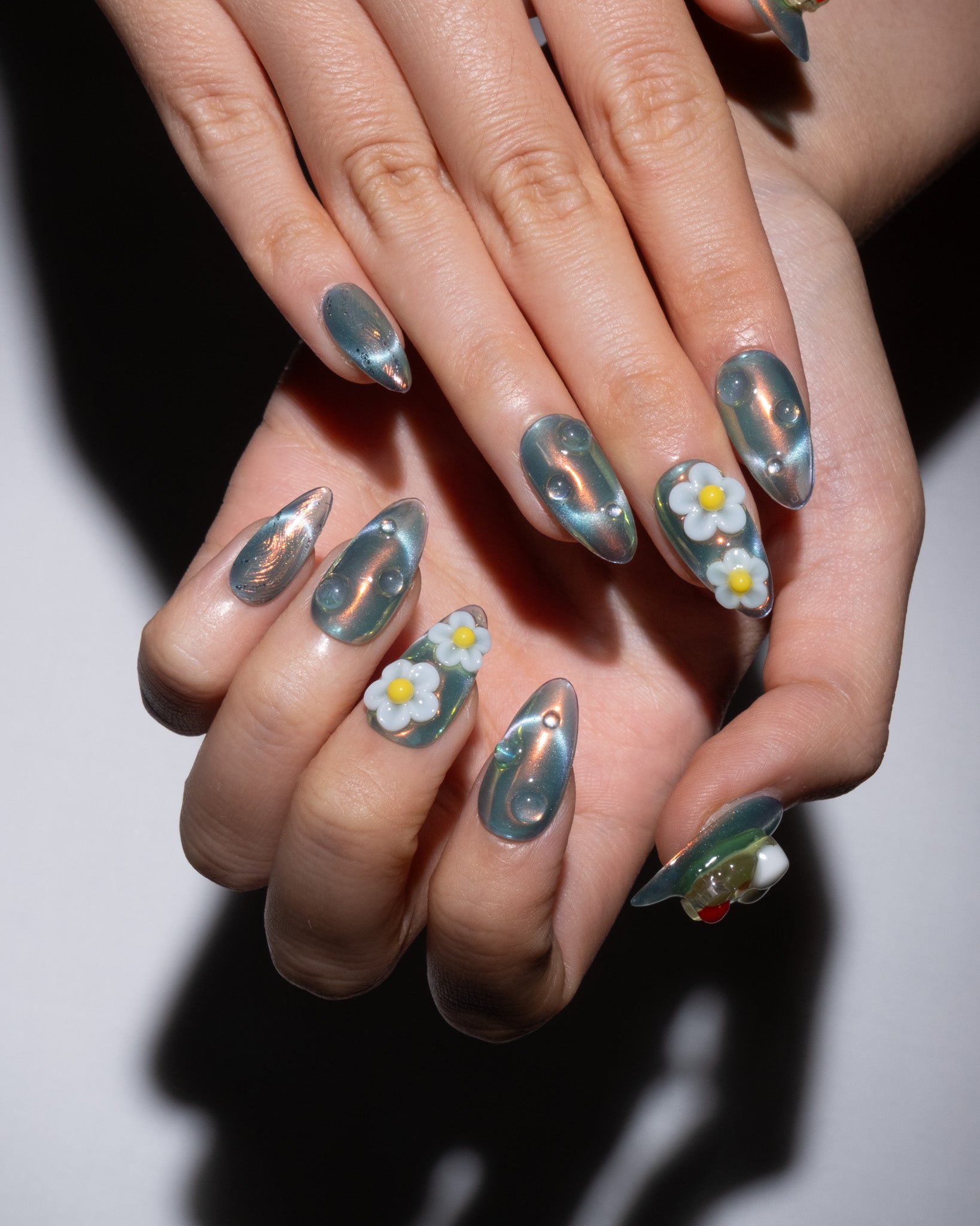 green iridescent medium almond press on nails